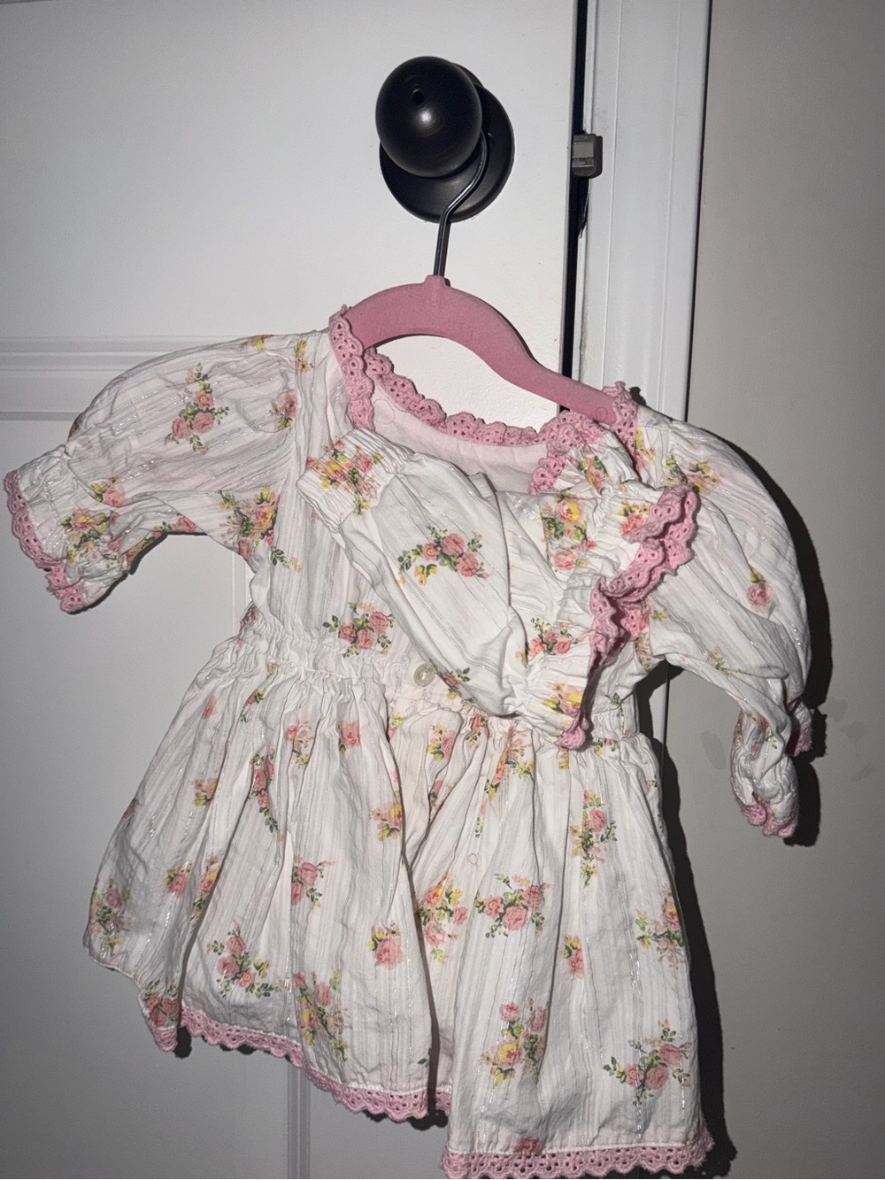 White & Pink Floral Baby Dress Top with Lace Trim